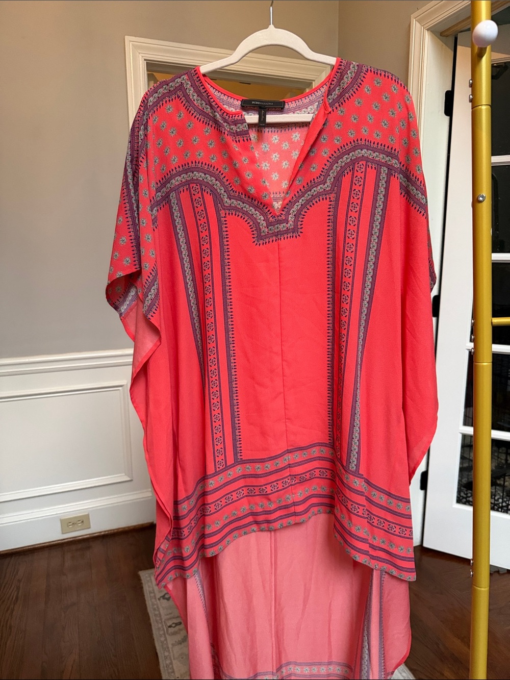 BCBGMaxAzria Coral and Blue Printed V-Neck hi-lo caftan